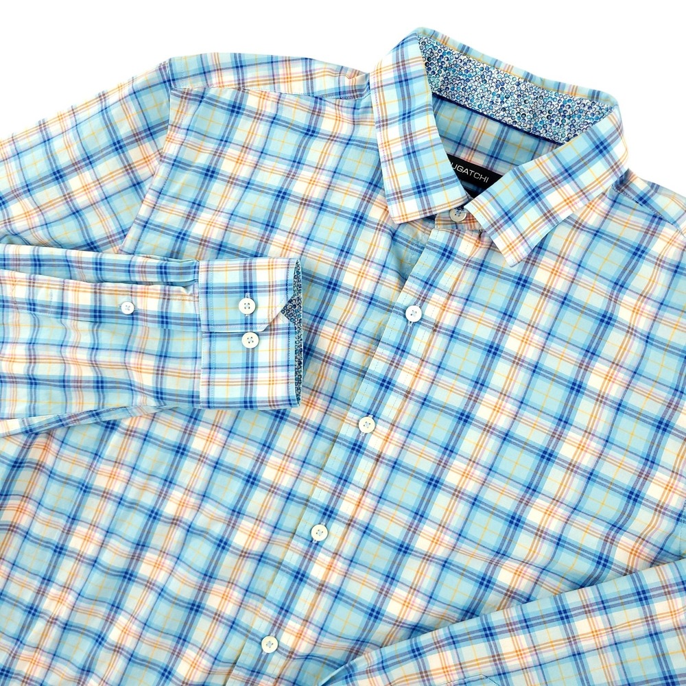 Bugatchi Shirt Mens L Blue Plaid Long Sleeve Button Up Stretch Slim Fit Casual